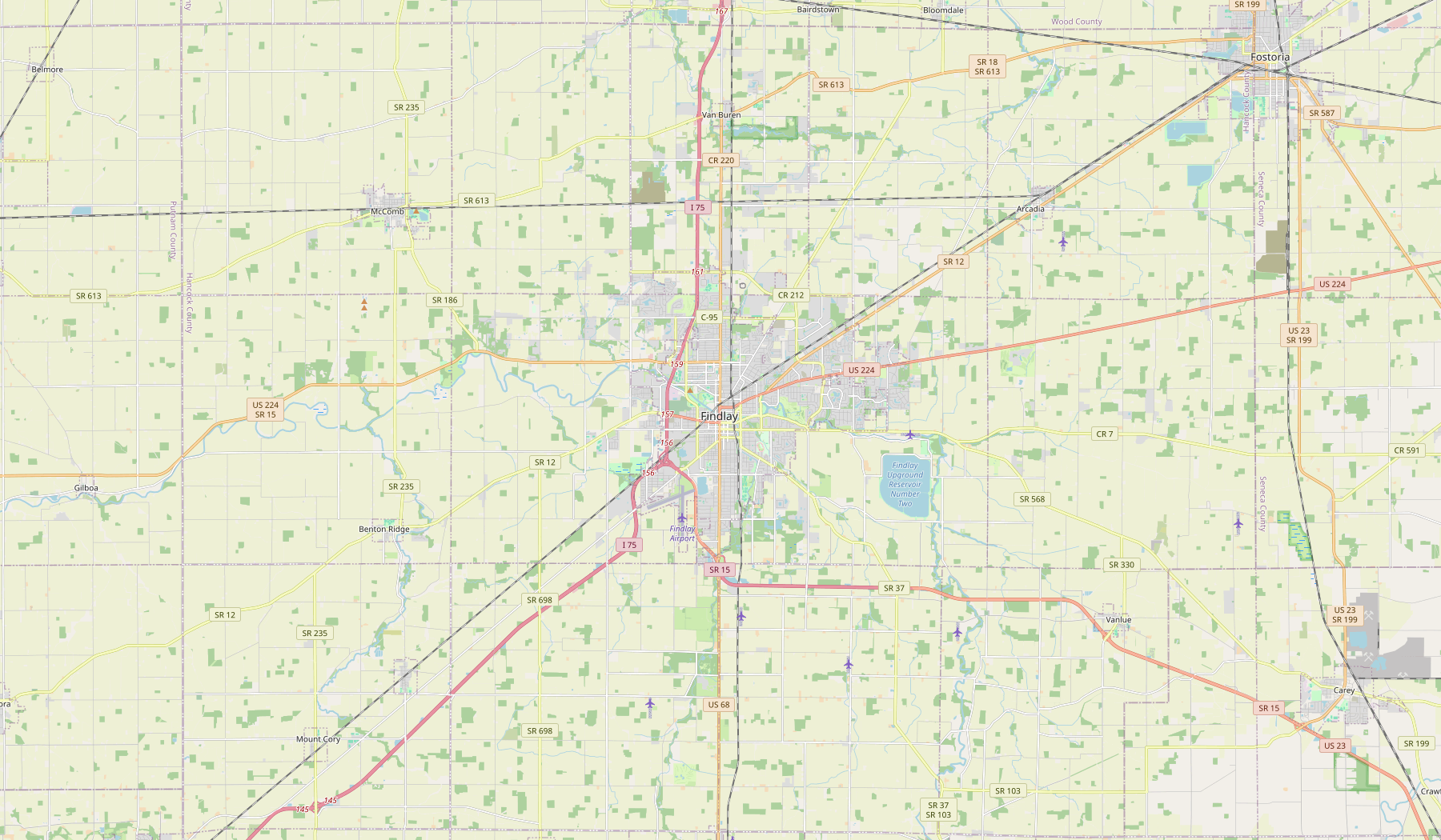 Street map centered on Findlay, Ohio, and the surrounding area.