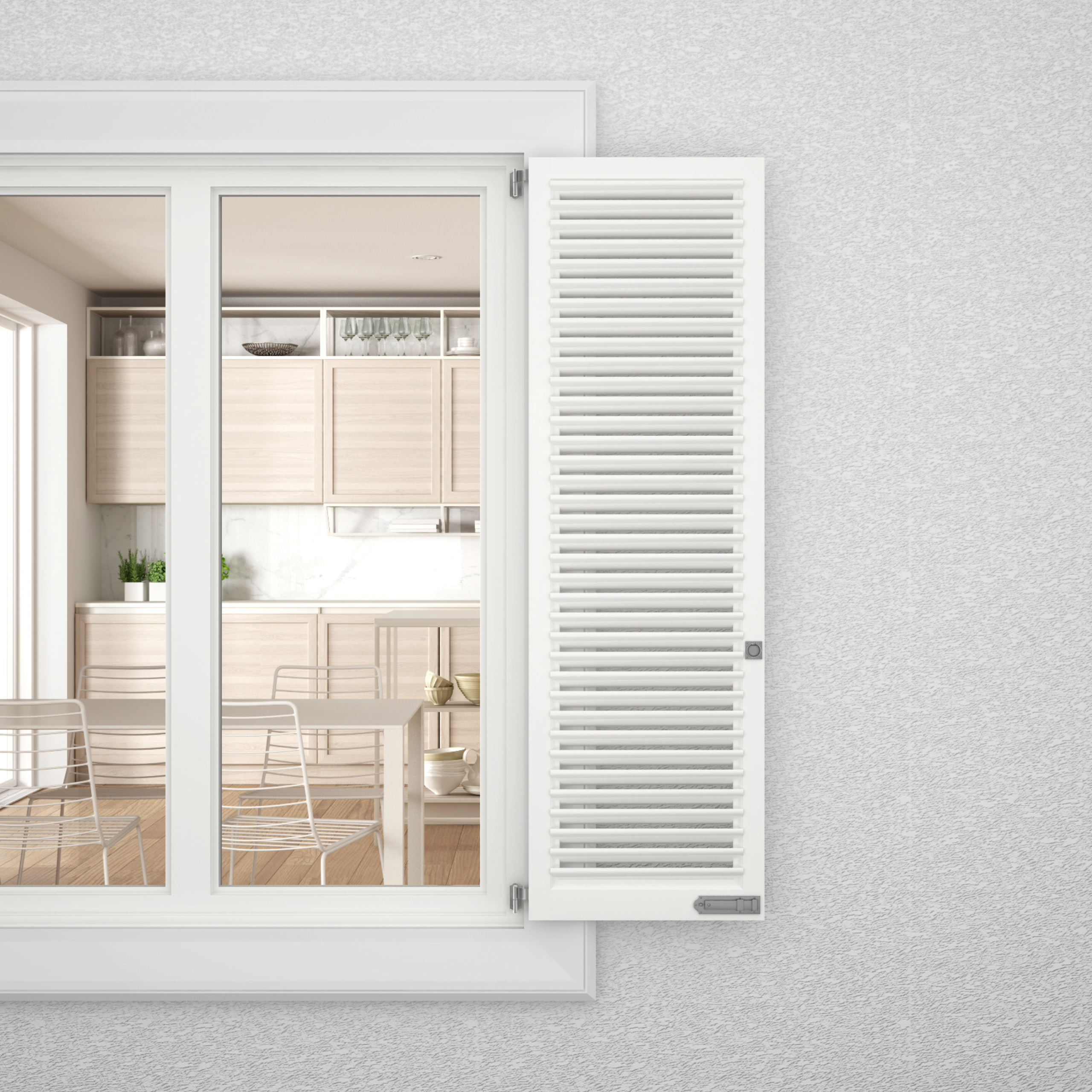 A home window with an open shutter and textured exterior wall